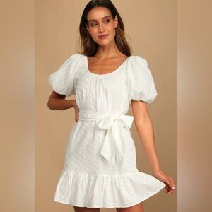 Lulus You Dot Me! White Dotted Puff Sleeve Mini Dress size L NWT $78‎